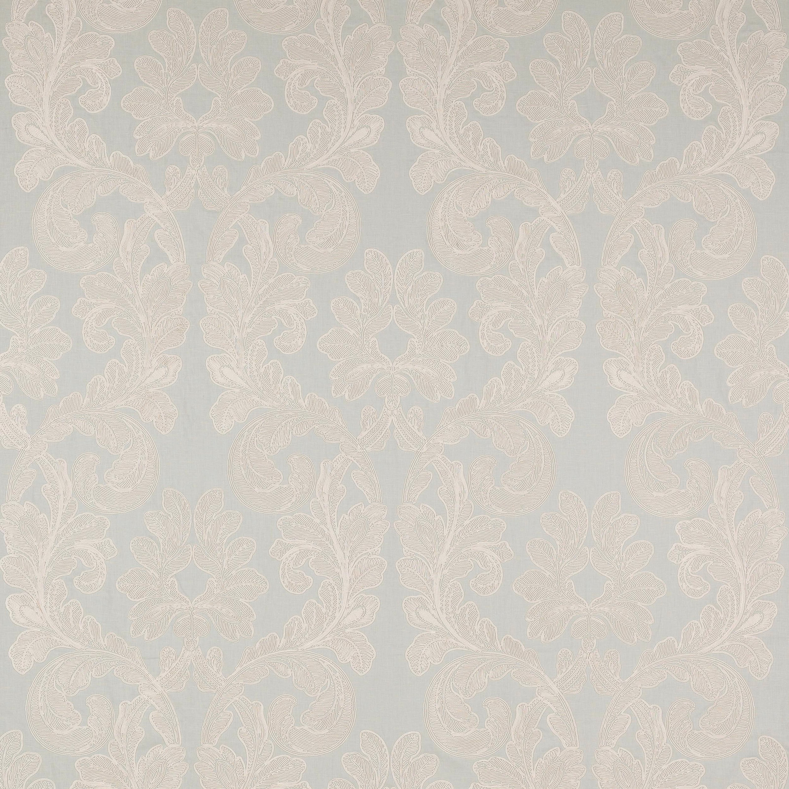 Pale dusty blue damask fabric with ivory floral scrolls and subtle woven texture