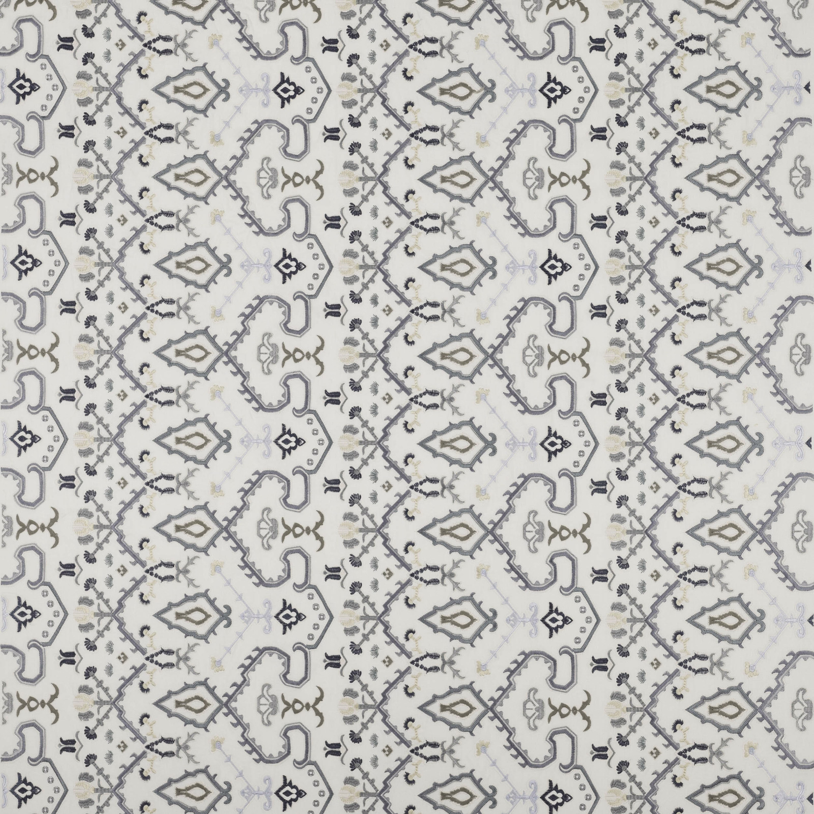 Pale geometric fabric swatch with soft blue-grey and taupe motifs on an ivory ground