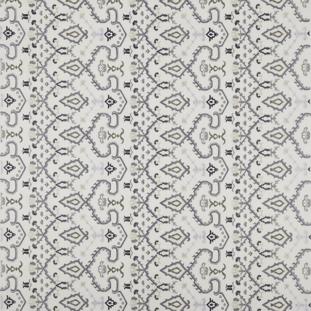 Pale geometric fabric swatch with soft blue-grey and taupe motifs on an ivory ground