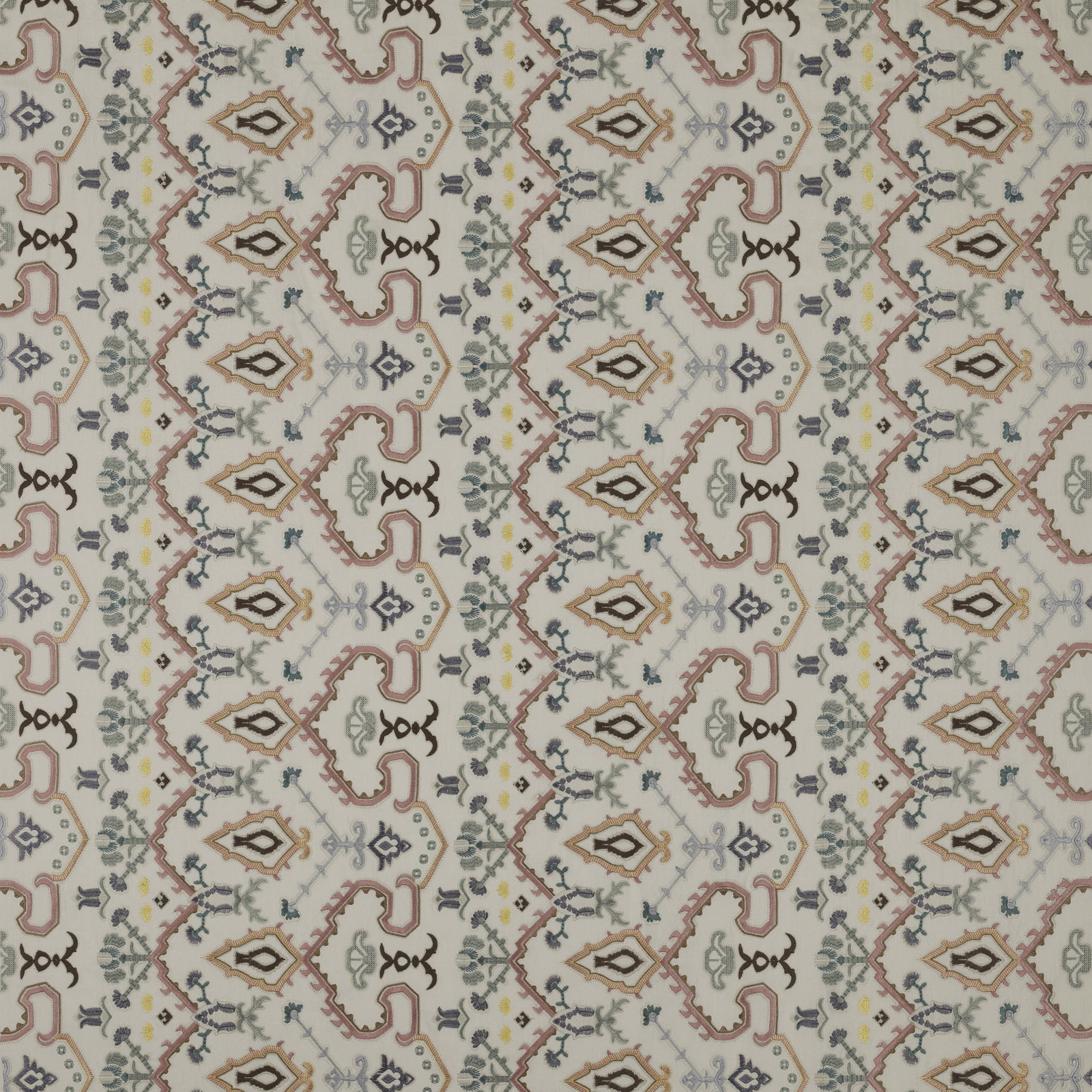 Cream geometric fabric swatch with blush, teal, tan and grey motifs