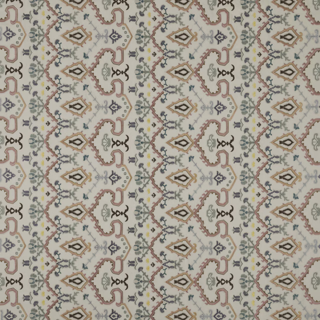 Cream geometric fabric swatch with blush, teal, tan and grey motifs