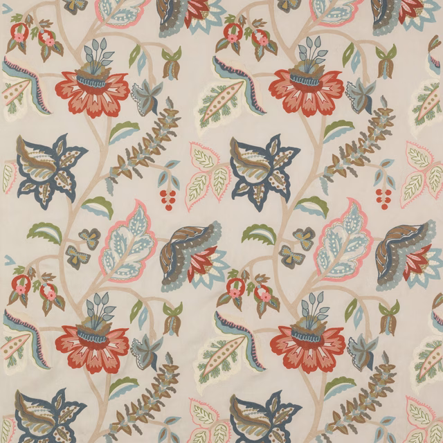 Coral, aqua and sage botanical floral fabric on a pale ivory ground