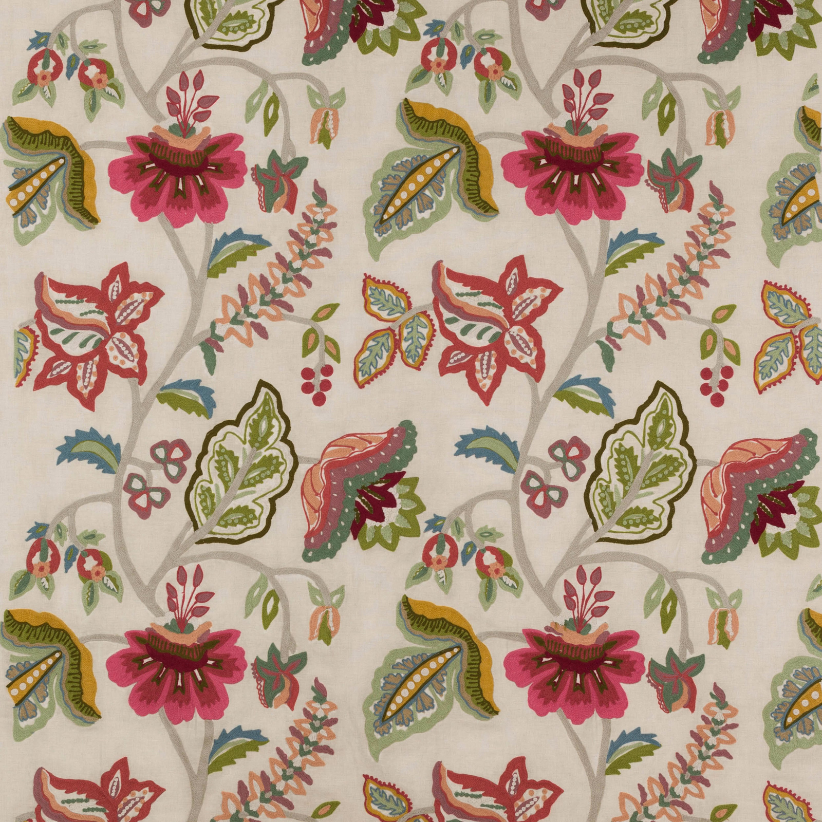 Pale ground fabric with pink and green botanical floral motifs and grey scrolling stems