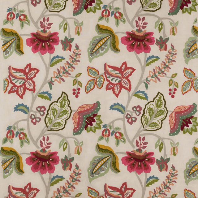 Pale ground fabric with pink and green botanical floral motifs and grey scrolling stems