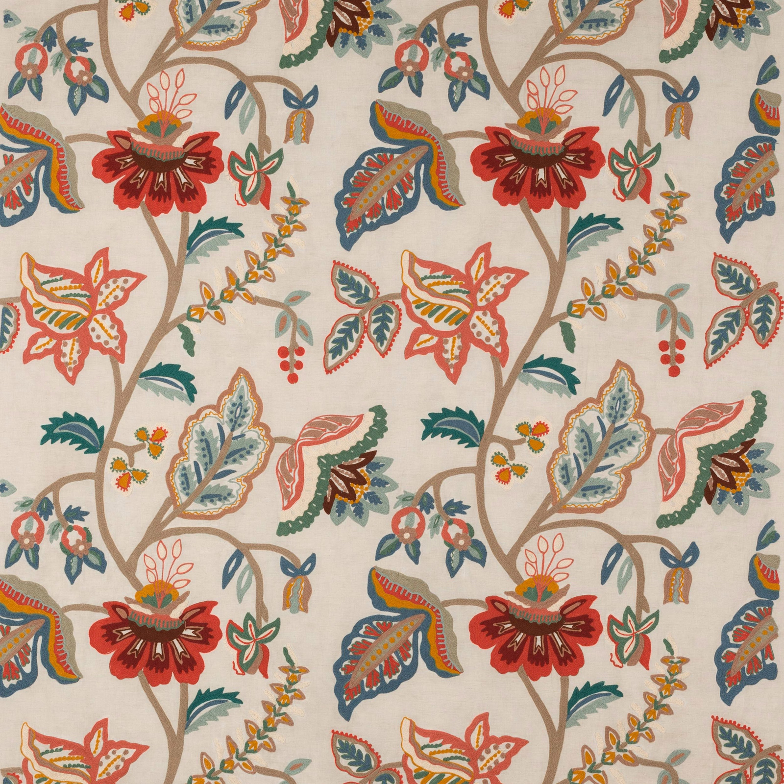 Large-scale floral fabric with tomato-red blooms, blue leaves and ivory ground
