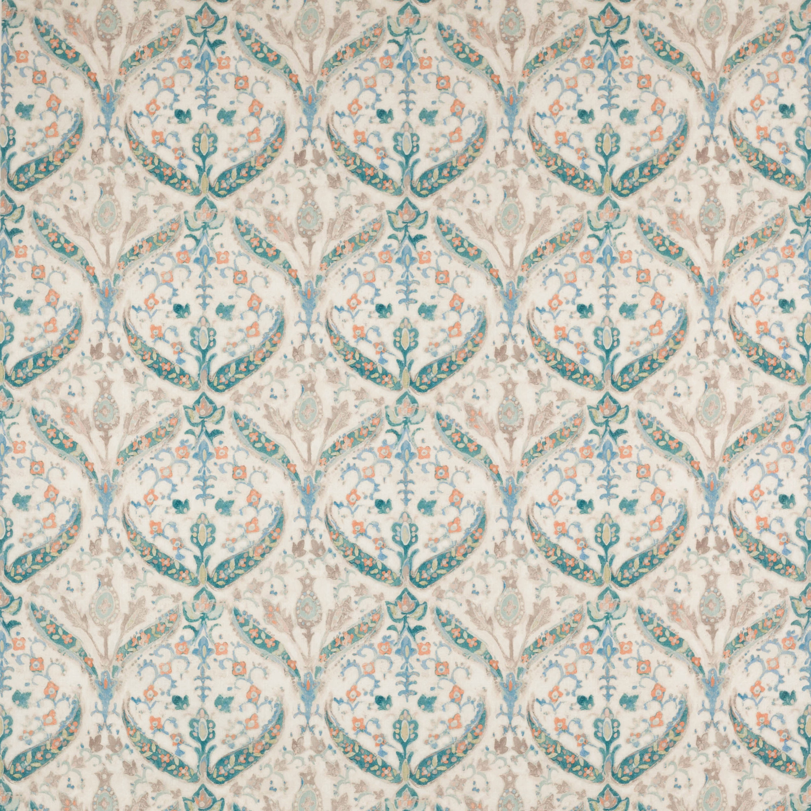 Cream damask-style linen swatch with blue-jade scrolling motifs and small floral details