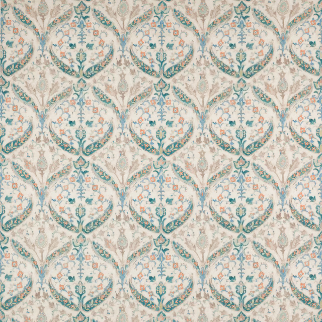 Cream damask-style linen swatch with blue-jade scrolling motifs and small floral details