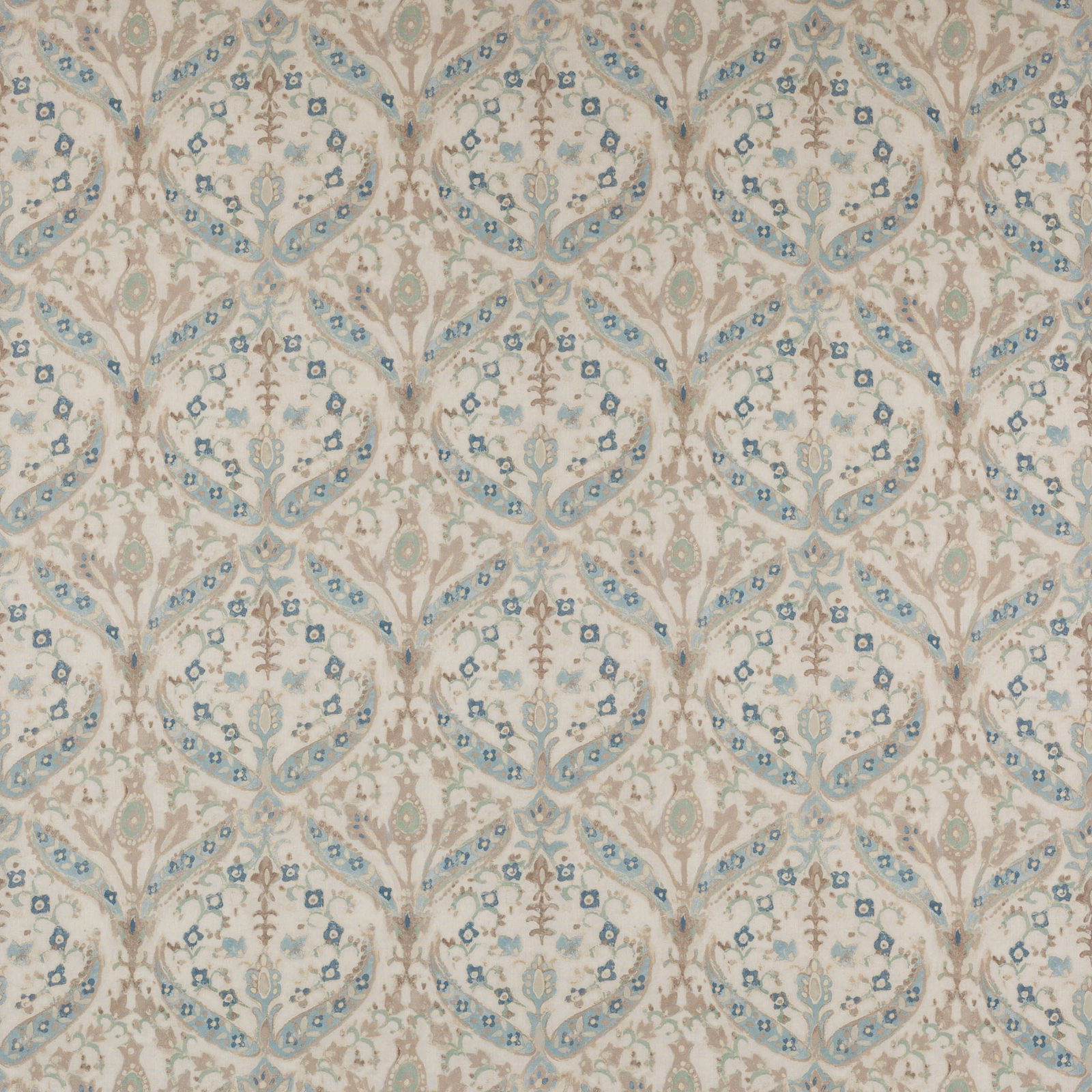 Pale blue and sage damask pattern on warm ivory linen fabric