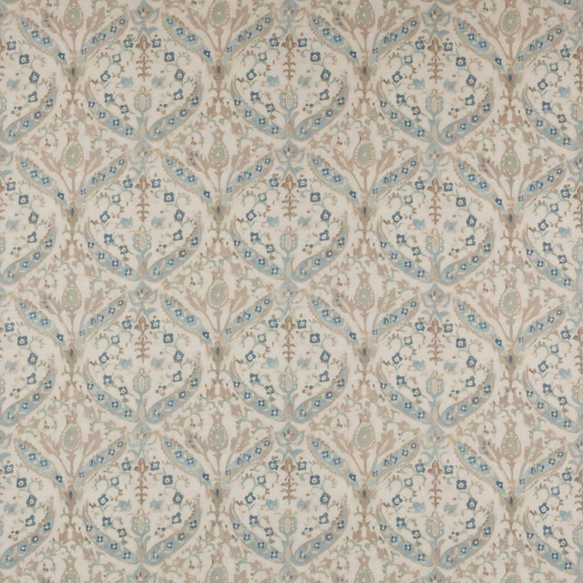 Pale blue and sage damask pattern on warm ivory linen fabric