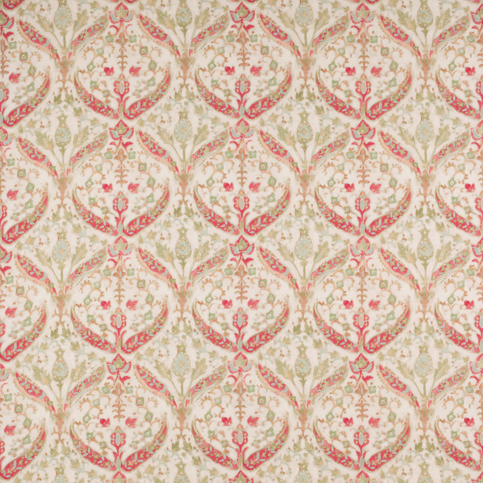 Cream linen fabric with repeating red and sage damask trellis pattern