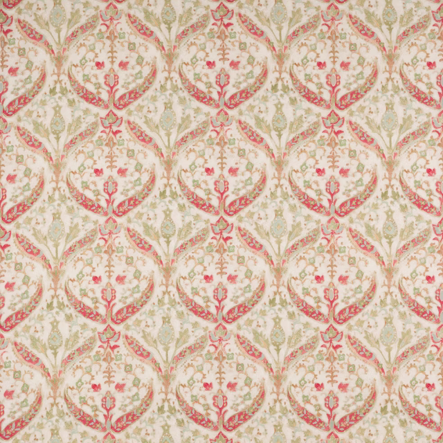 Cream linen fabric with repeating red and sage damask trellis pattern