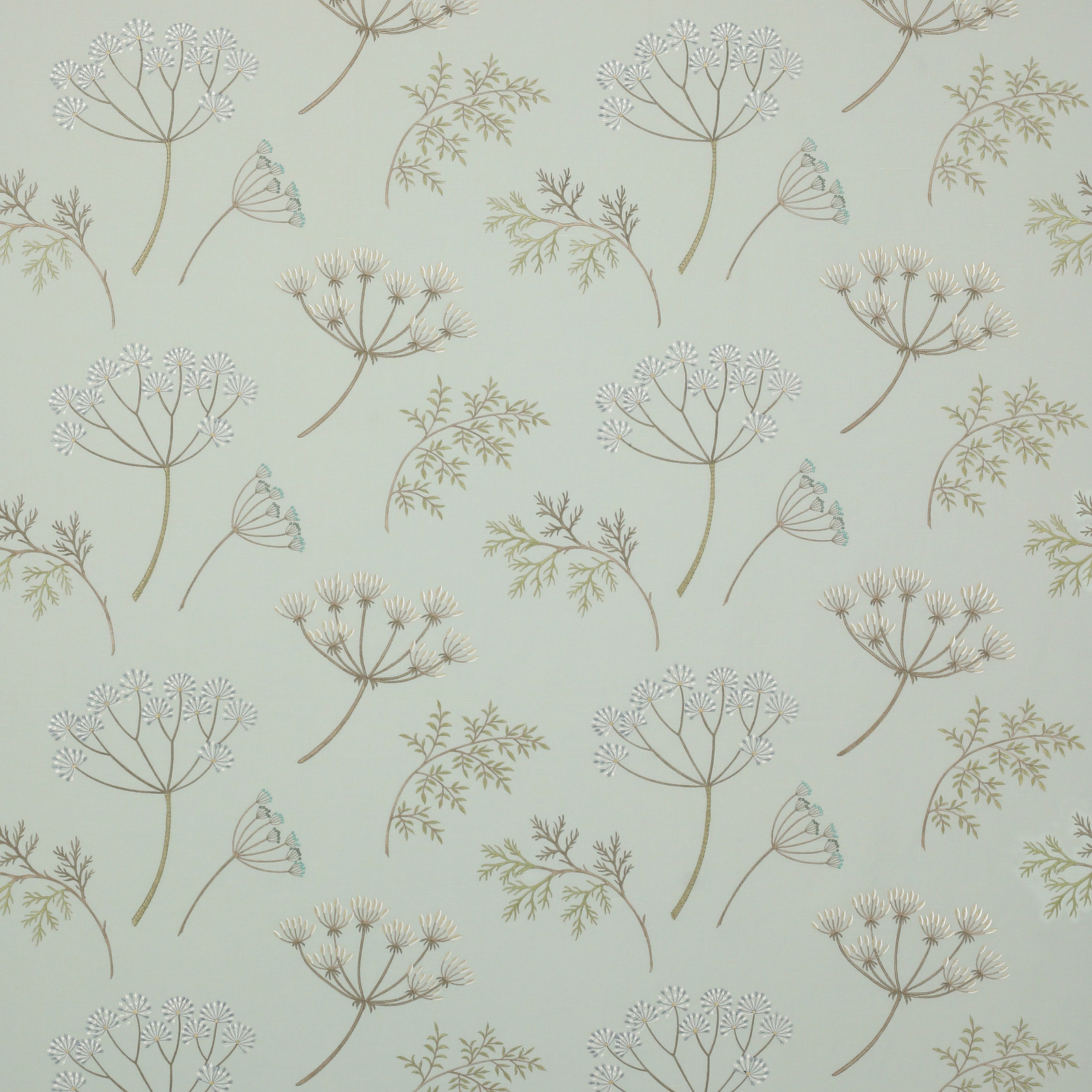 Pale aqua fabric with scattered botanical stems and small floral motifs