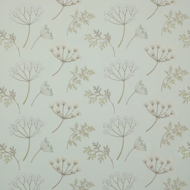 Pale aqua fabric with scattered botanical stems and small floral motifs