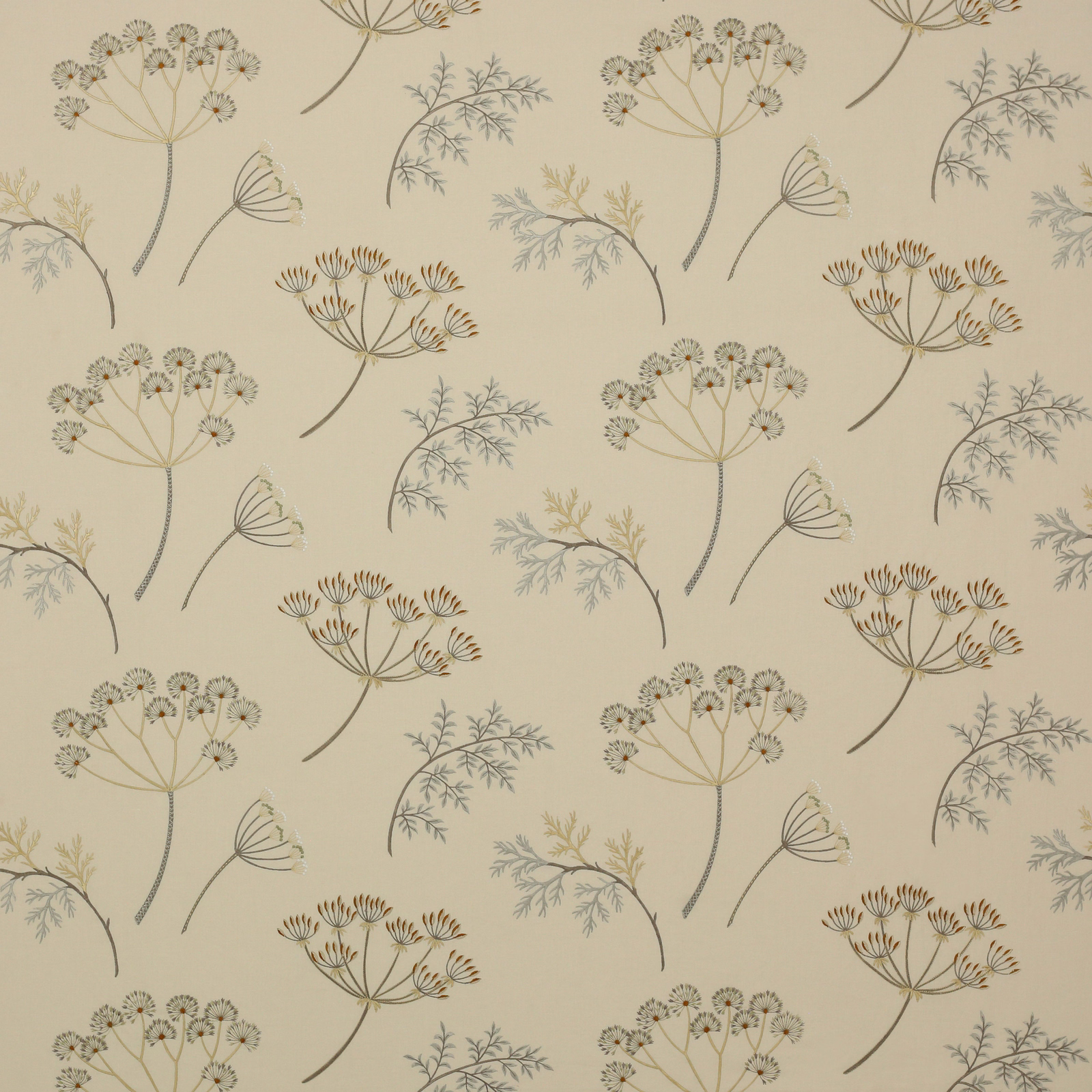 Beige botanical fabric swatch with delicate stemmed flower motifs and muted tonal embroidery