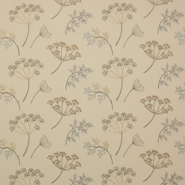 Beige botanical fabric swatch with delicate stemmed flower motifs and muted tonal embroidery