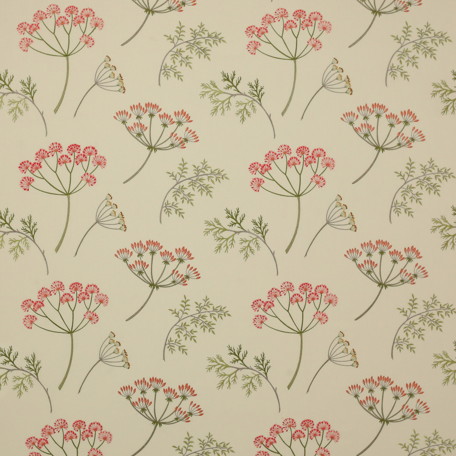 Cream fabric with scattered red and sage green botanical sprays