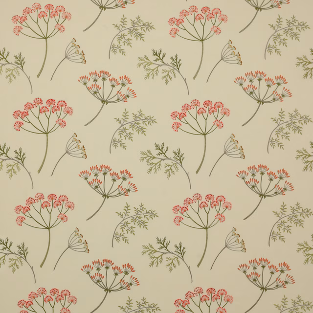 Cream fabric with scattered red and sage green botanical sprays