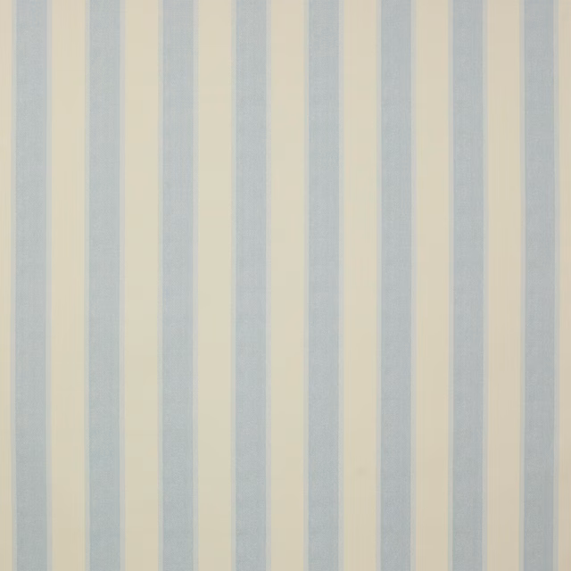 Pale sky blue and cream vertical stripe cotton fabric with a soft woven texture