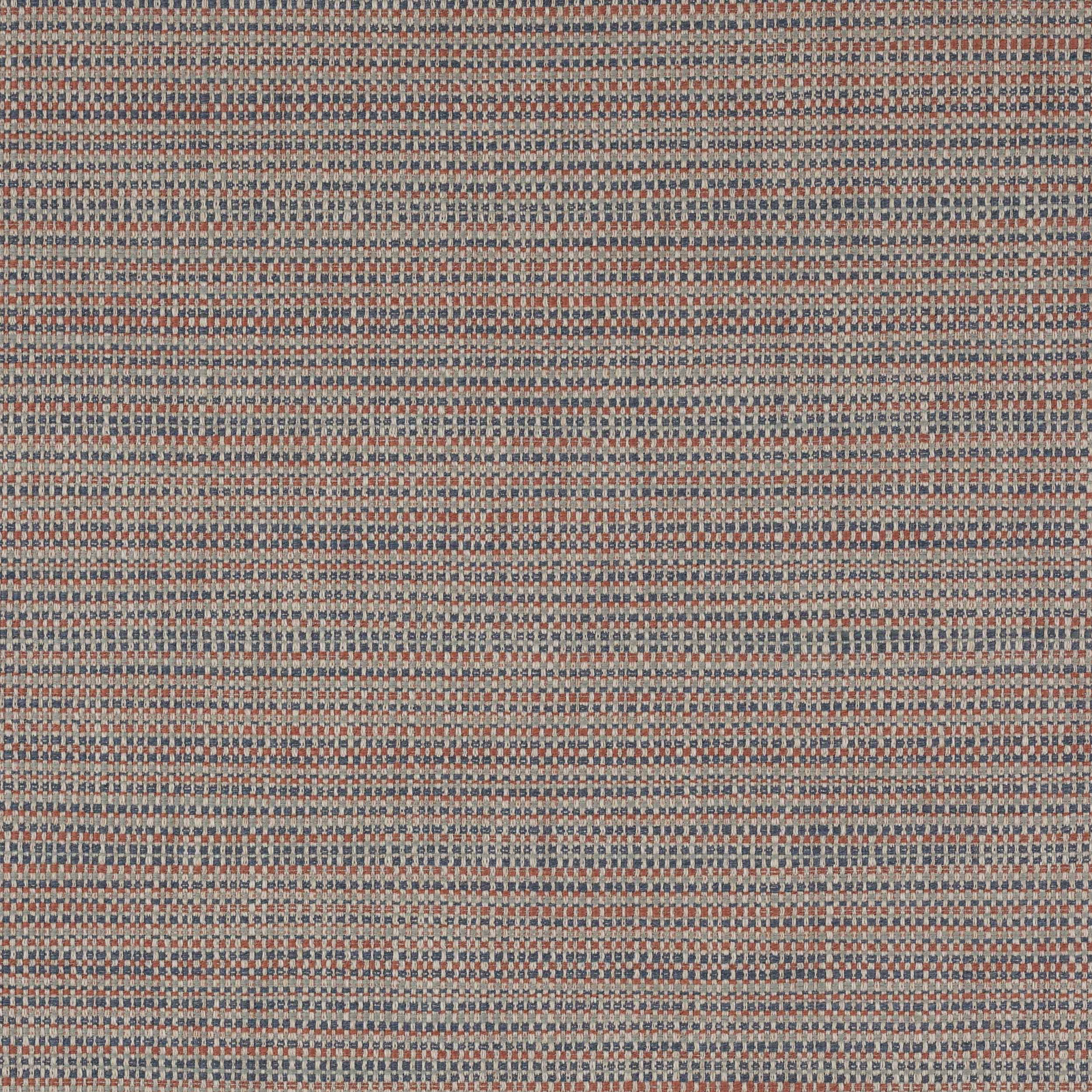 Close-up of a tightly woven multi-colour fabric with terracotta, blue and neutral threads