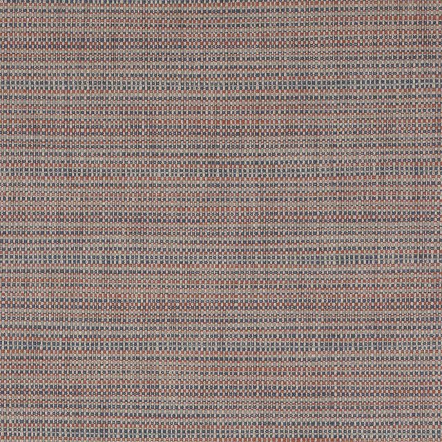 Close-up of a tightly woven multi-colour fabric with terracotta, blue and neutral threads