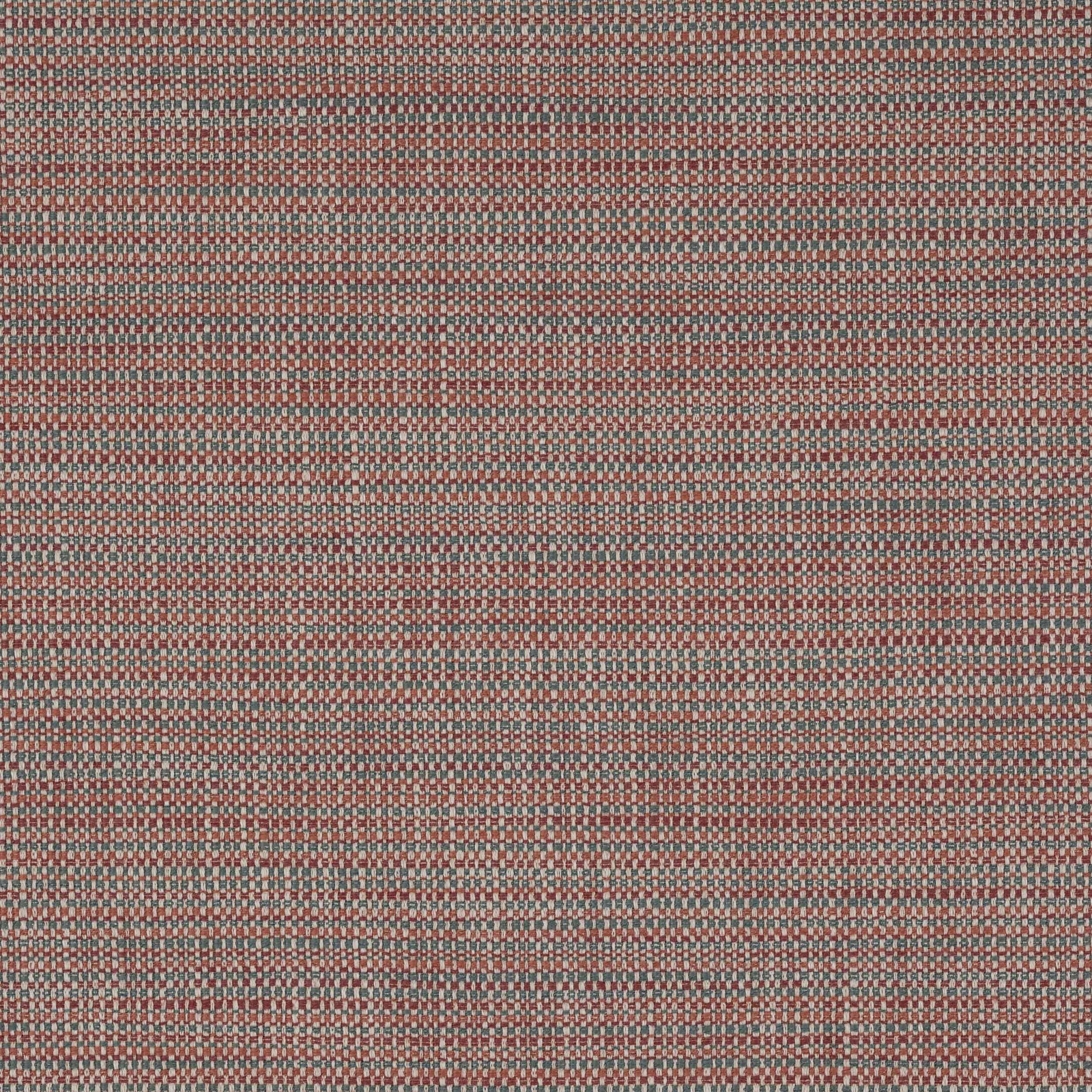 Close-up of a small woven fabric in muted red, teal and neutral threads