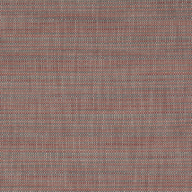 Close-up of a small woven fabric in muted red, teal and neutral threads