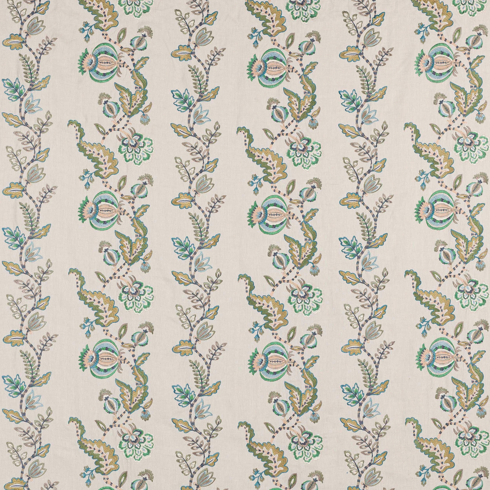 Ivory floral stripe fabric with aqua, sage and muted gold motifs