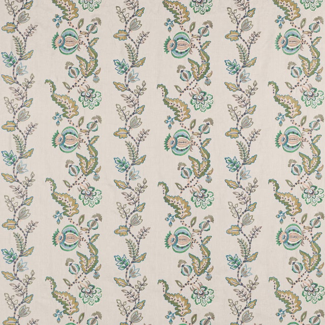 Ivory floral stripe fabric with aqua, sage and muted gold motifs