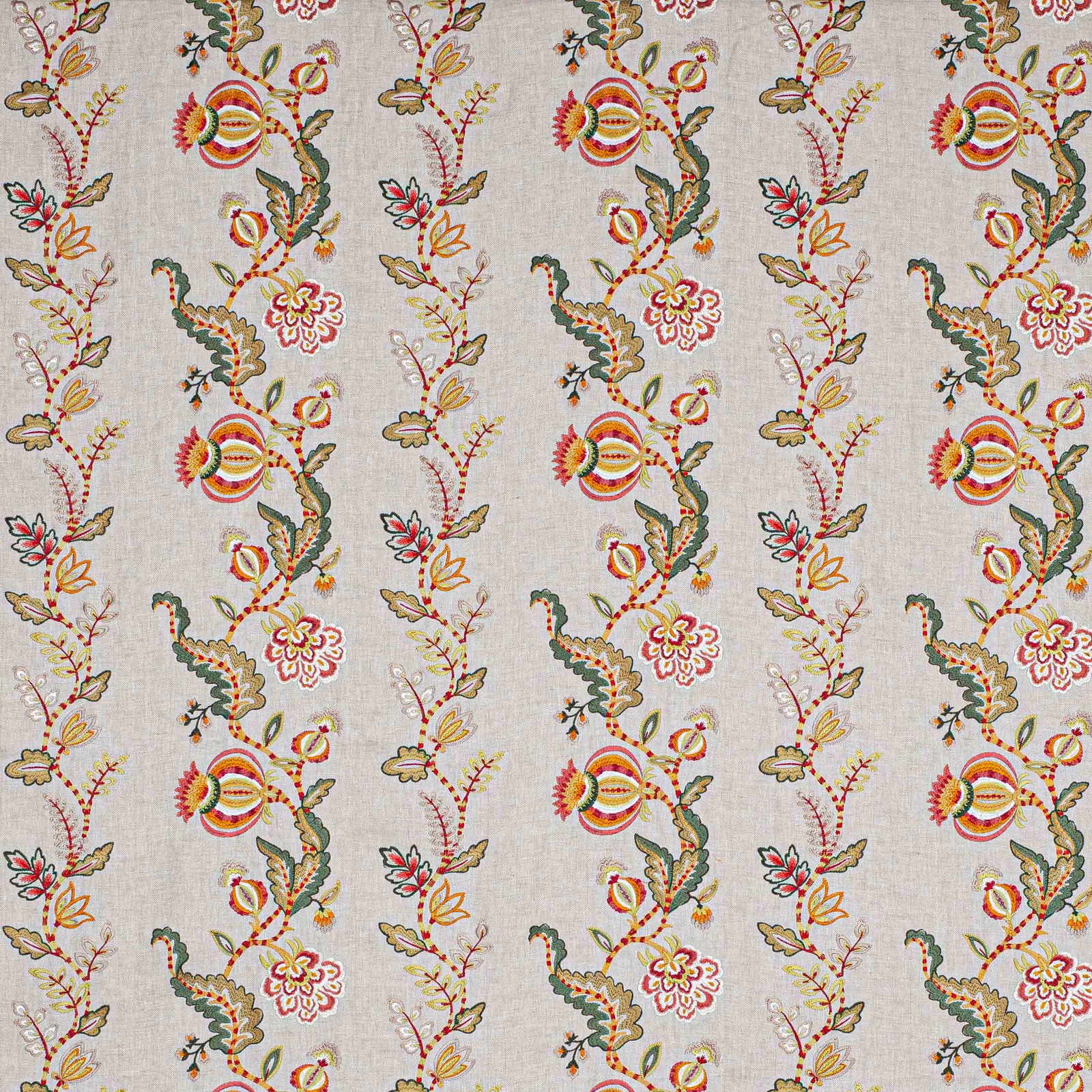 Ariadne Red/Green floral stripe fabric on a pale linen ground