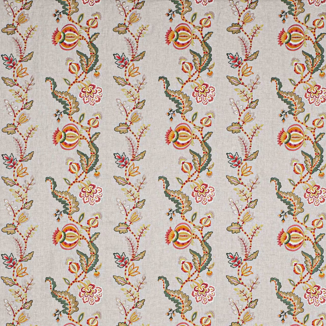 Ariadne Red/Green floral stripe fabric on a pale linen ground
