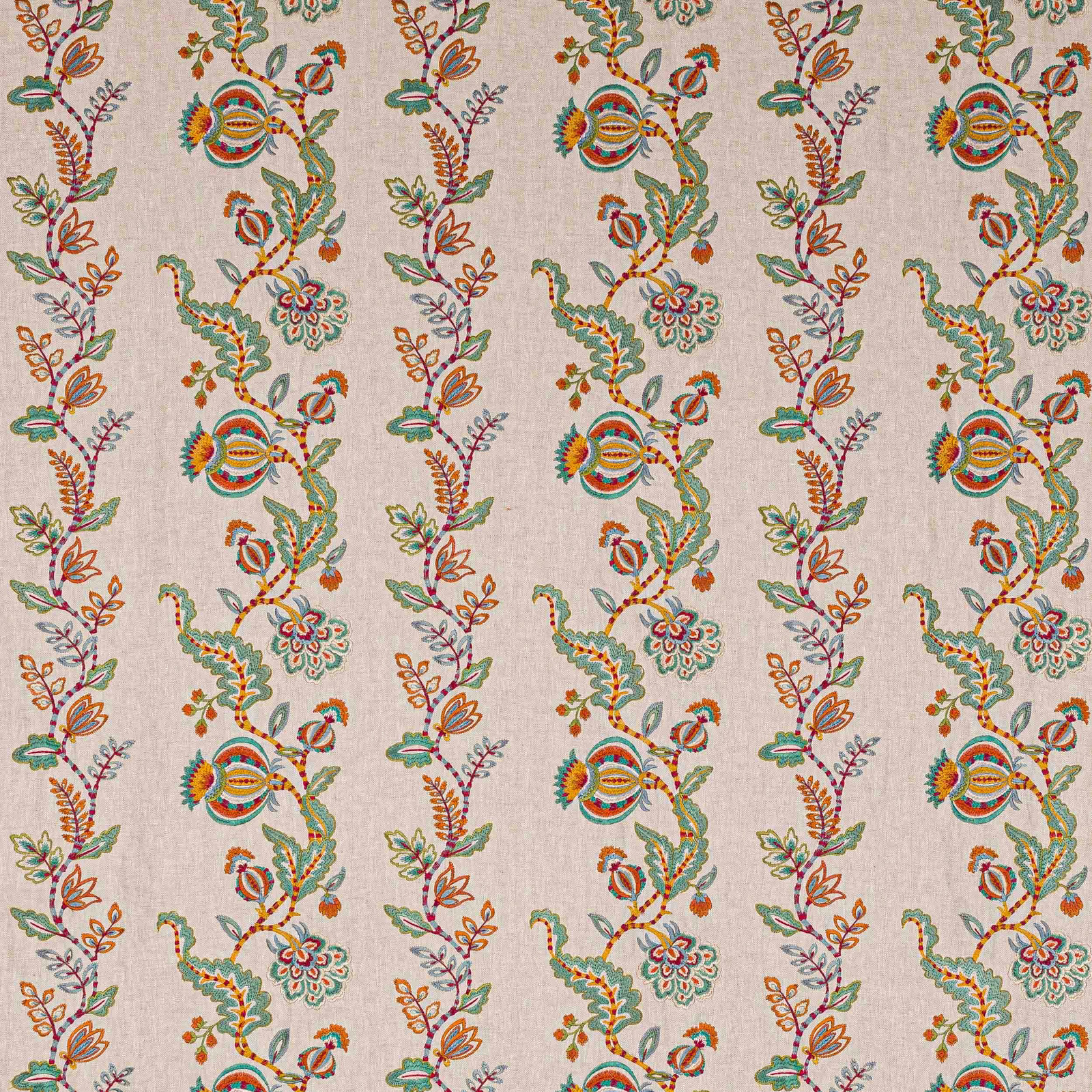 Embroidered vertical floral stripe on pale beige linen-look ground in russet, sage and teal