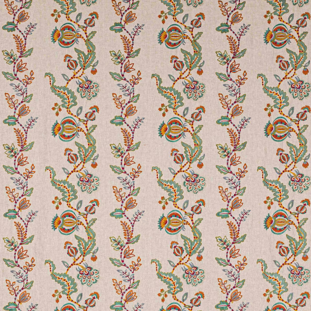 Embroidered vertical floral stripe on pale beige linen-look ground in russet, sage and teal