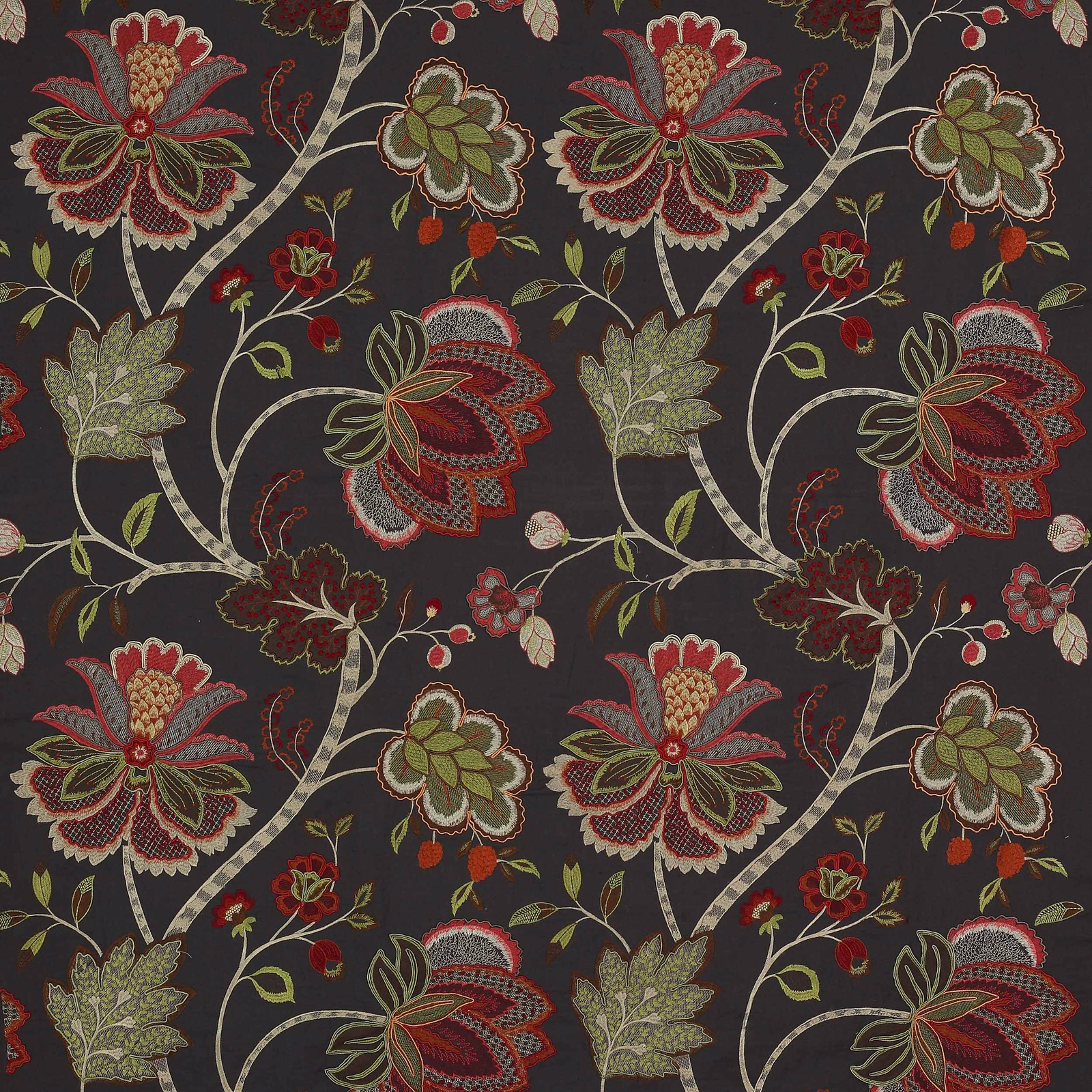 Floral woven fabric on a deep charcoal ground with red and green blooms