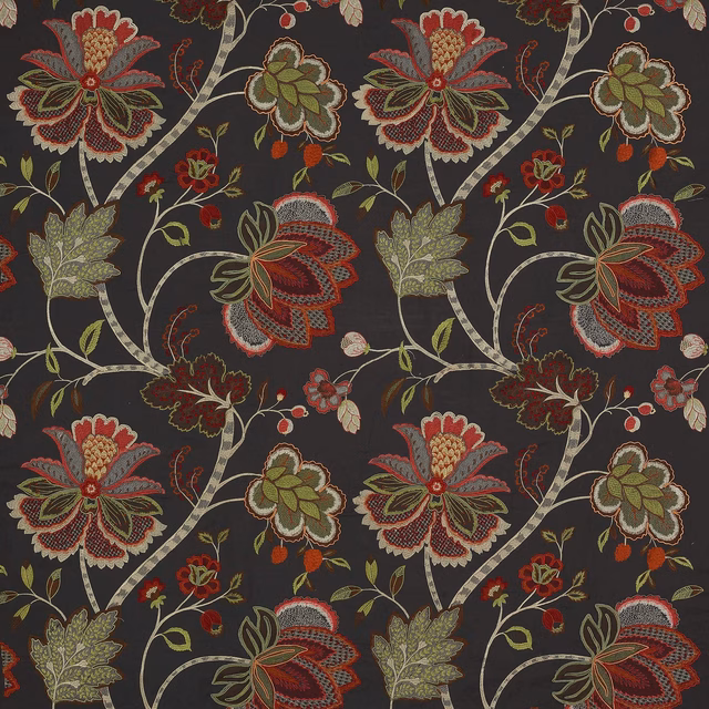 Floral woven fabric on a deep charcoal ground with red and green blooms