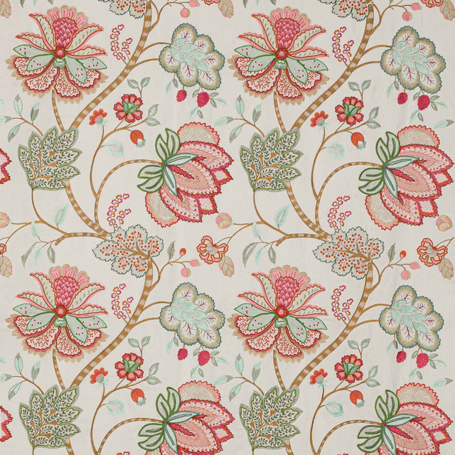 Floral furnishing fabric with coral, pink and green blooms on an ivory ground