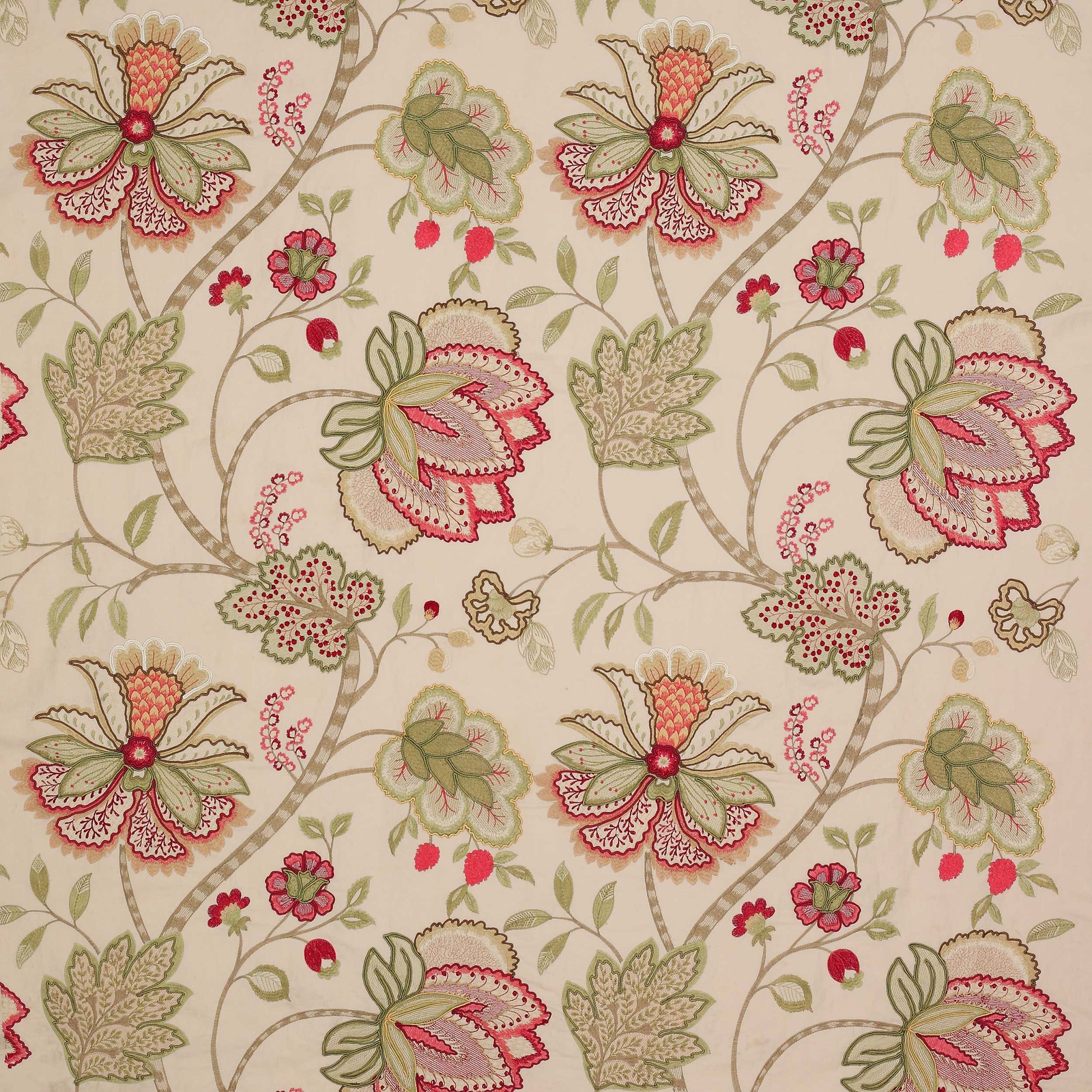 Cream fabric swatch with large blush pink and sage floral vine pattern