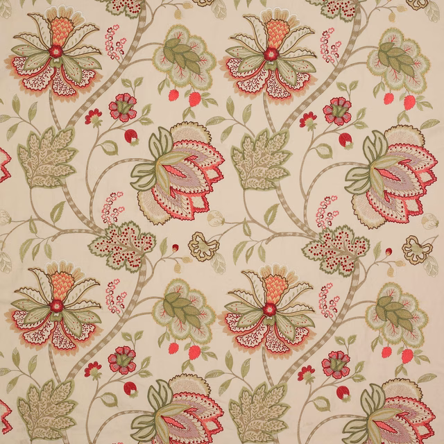 Cream fabric swatch with large blush pink and sage floral vine pattern