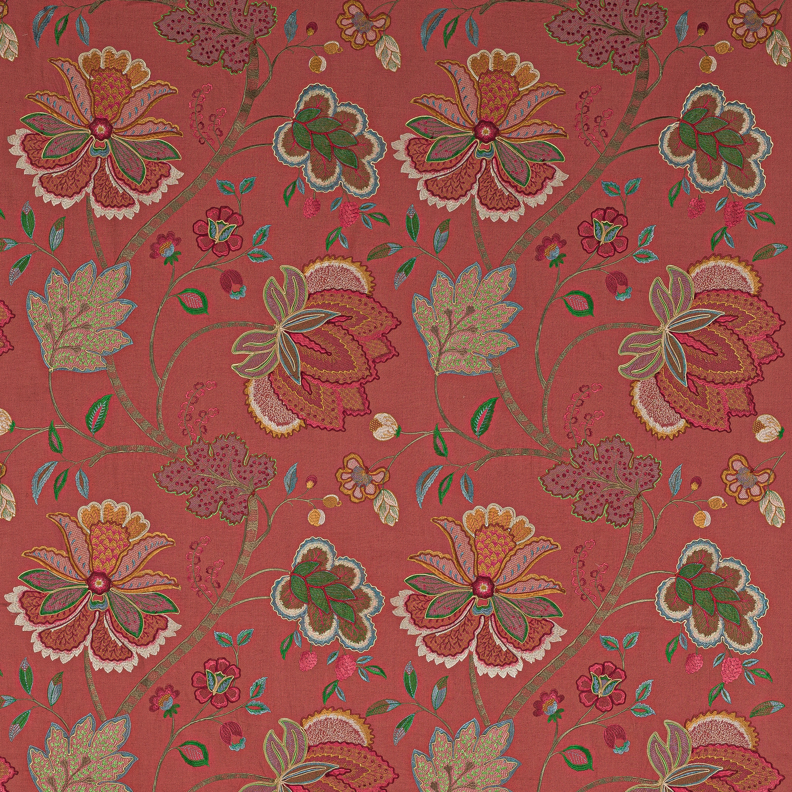 Coral red floral fabric with embroidered-style blossoms and curling stems