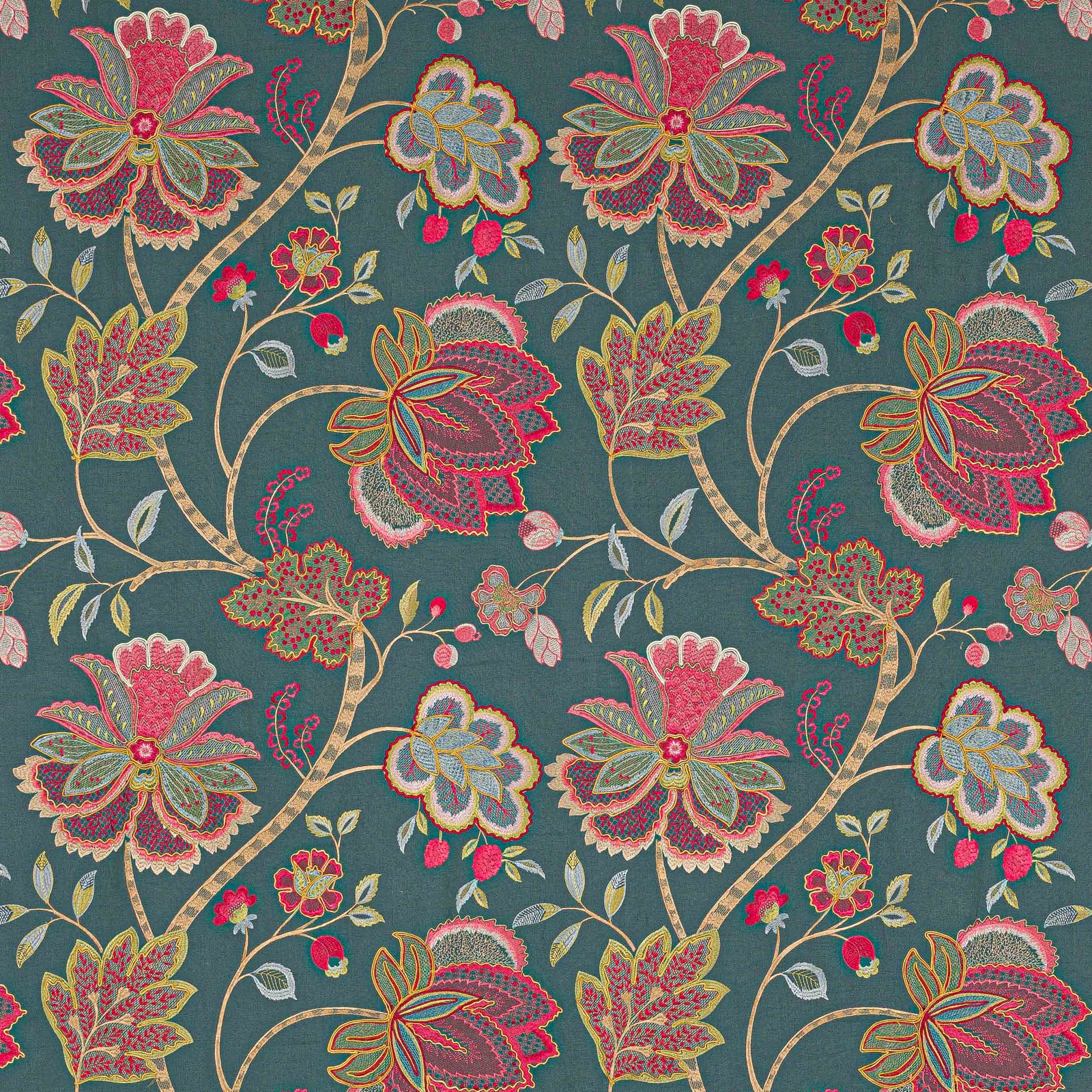 Teal floral fabric with embroidered-style pink, coral and sage motifs