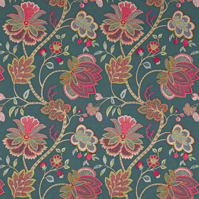 Teal floral fabric with embroidered-style pink, coral and sage motifs