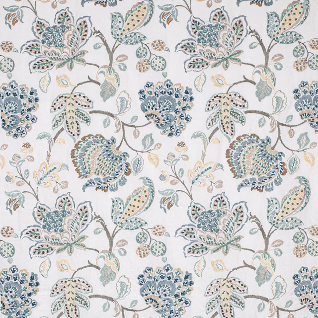 Floral fabric swatch with dusty blue and sea-green embroidered-style motifs on a pale ground