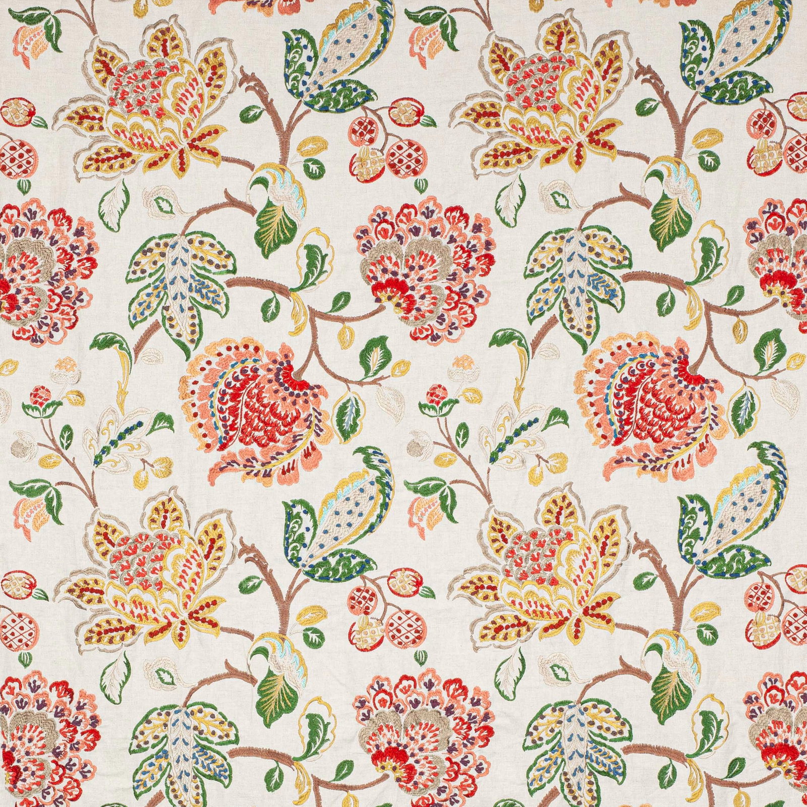 Cream fabric swatch with large red and green floral trail and scrolling stems