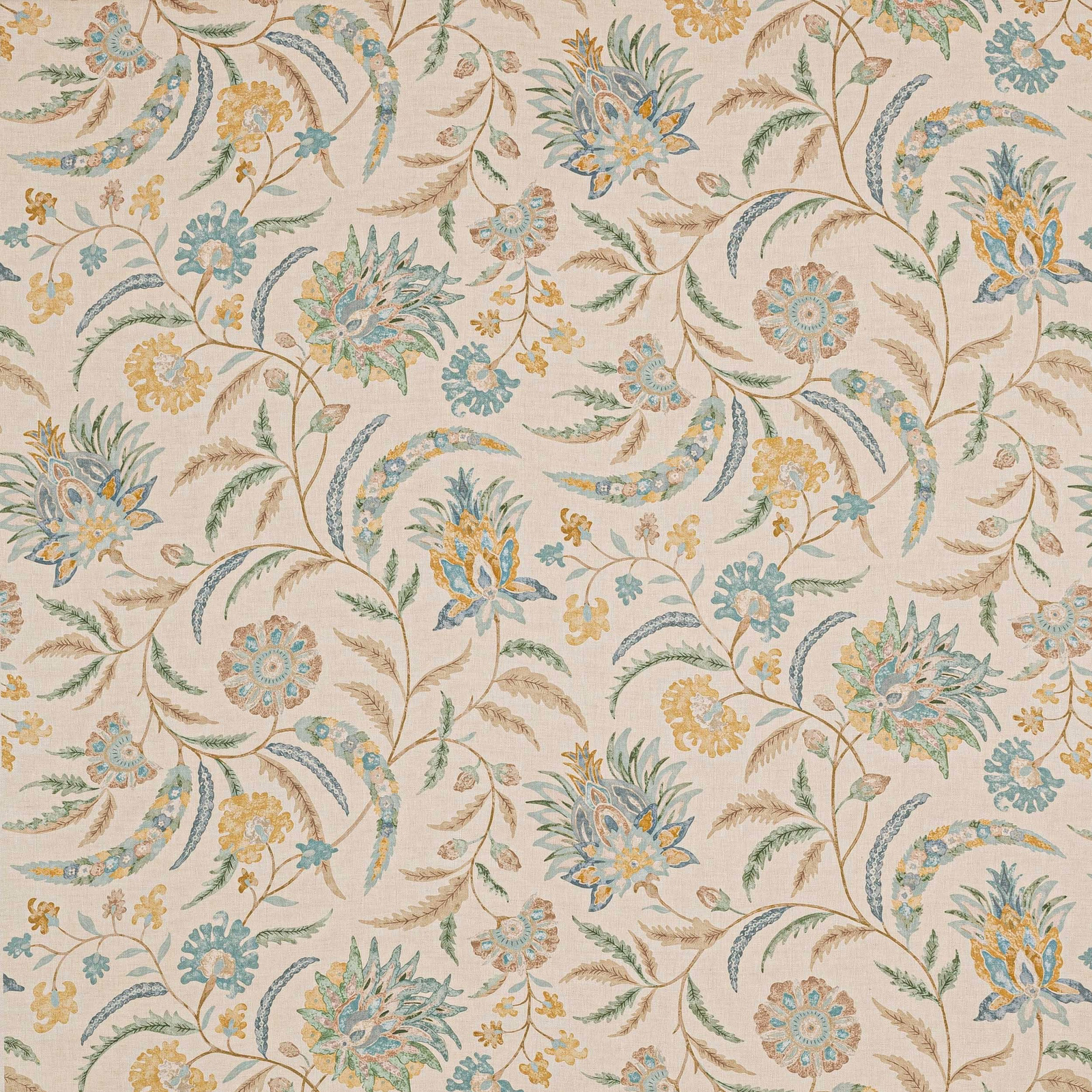 Cream linen fabric with large blue, gold and sage floral scroll pattern