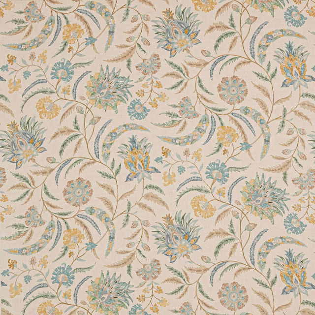 Cream linen fabric with large blue, gold and sage floral scroll pattern