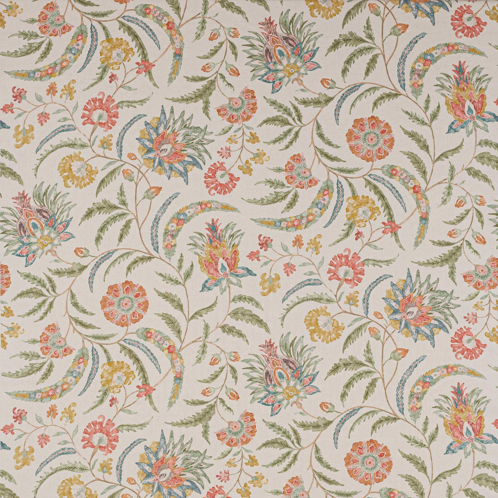 Large trailing floral linen in coral pink, green, turquoise and yellow on a pale ground