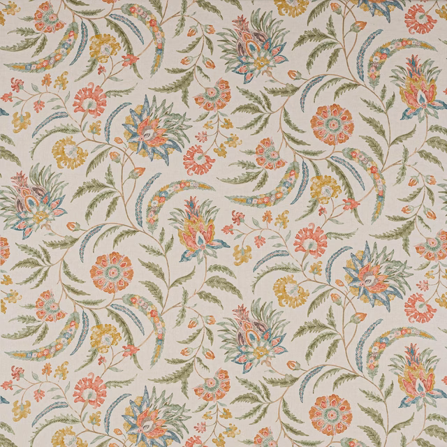 Large trailing floral linen in coral pink, green, turquoise and yellow on a pale ground