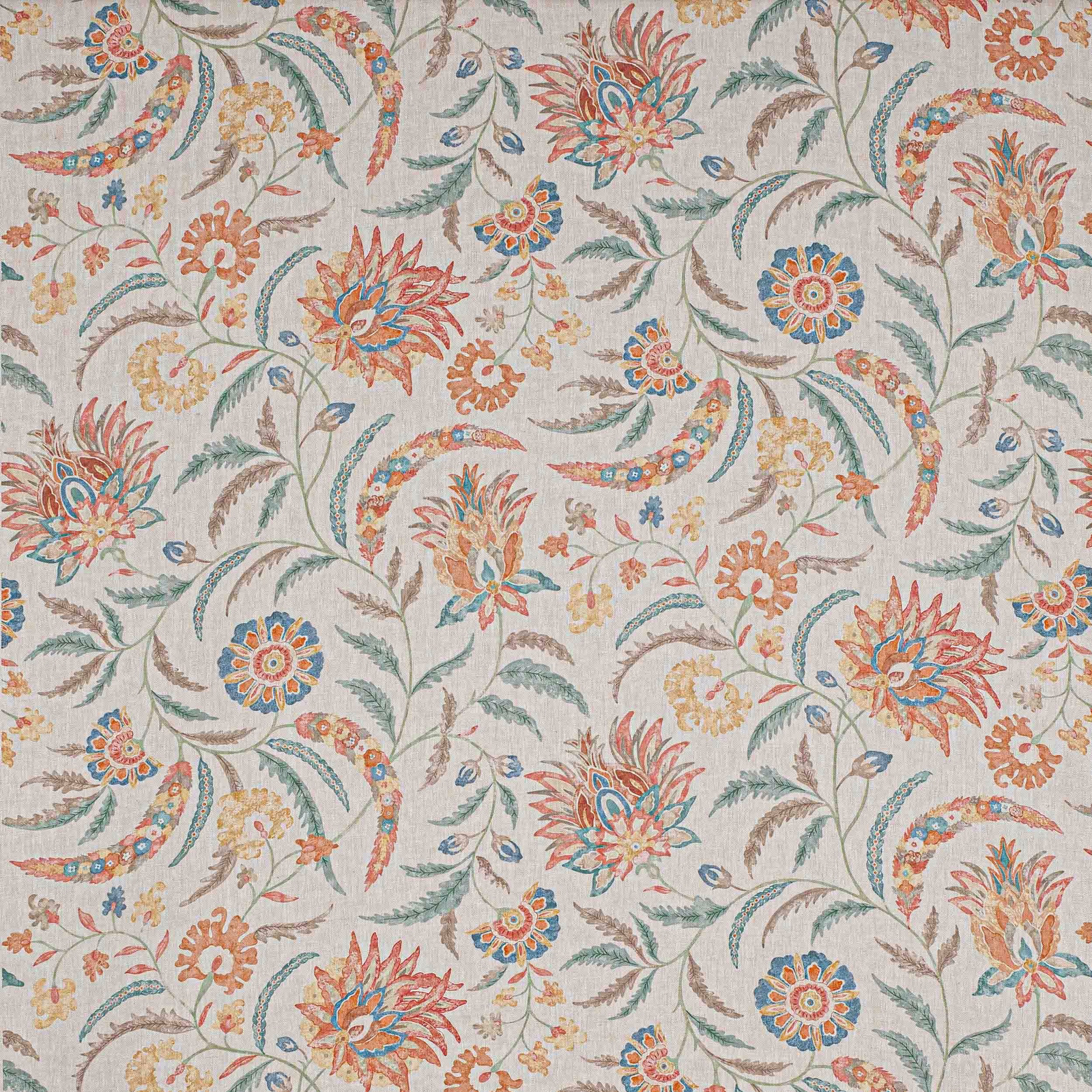 Printed linen swatch with large floral and paisley motifs in red, sand, blue and green