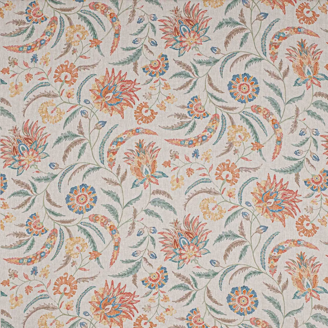 Printed linen swatch with large floral and paisley motifs in red, sand, blue and green