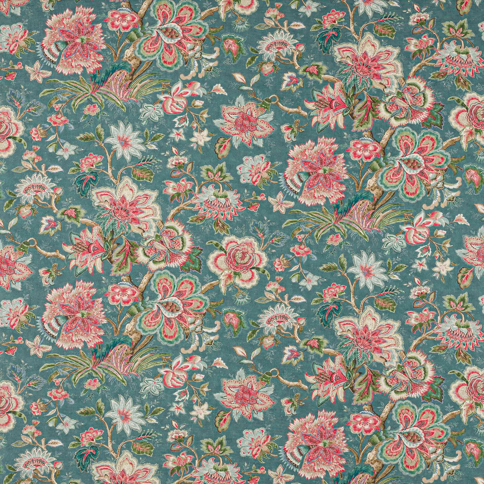 Teal-navy floral linen with pink, cream and green blossoms