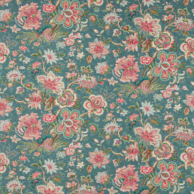 Teal-navy floral linen with pink, cream and green blossoms